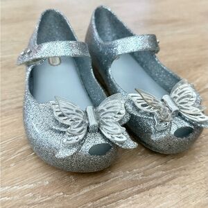 Mini Melissa Sparkling Silver Dress Shoes with Butterfly Accent